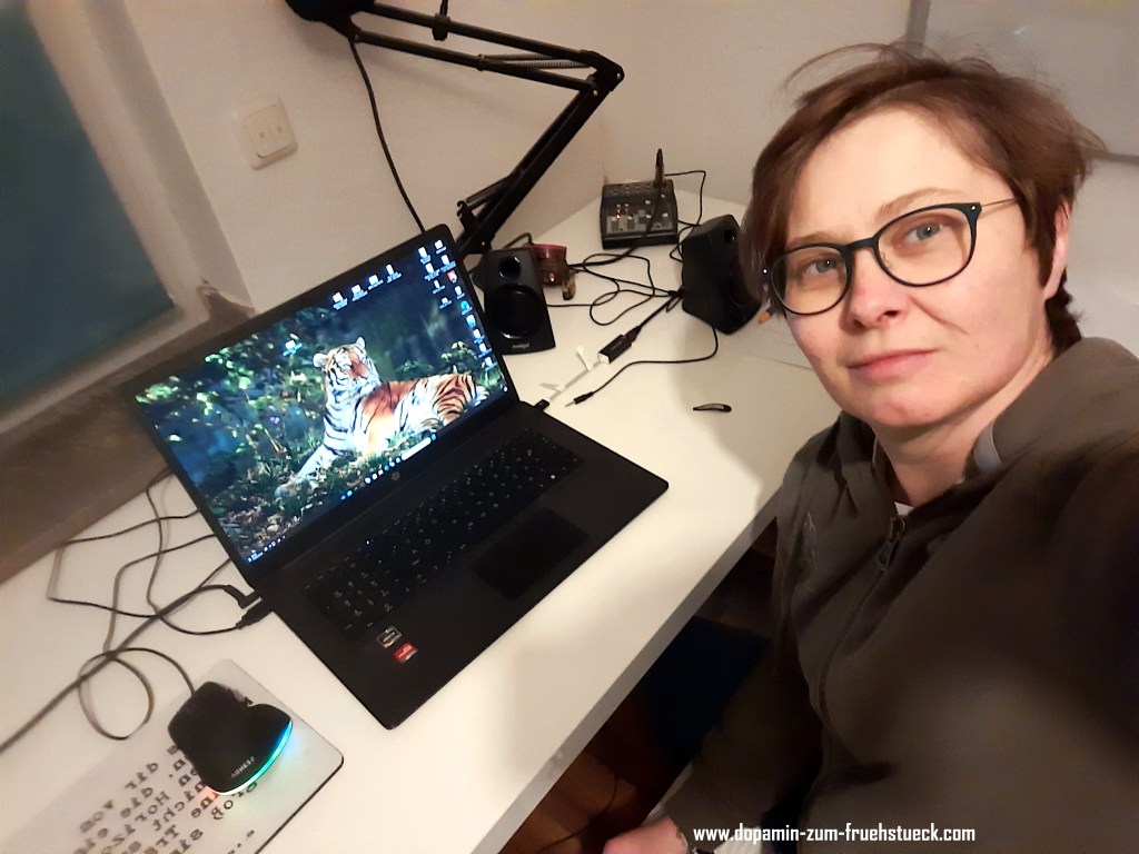 Eine Frau mit Brille und kurzen Harren sitzt an einem Schreibtisch vor einem Laptop