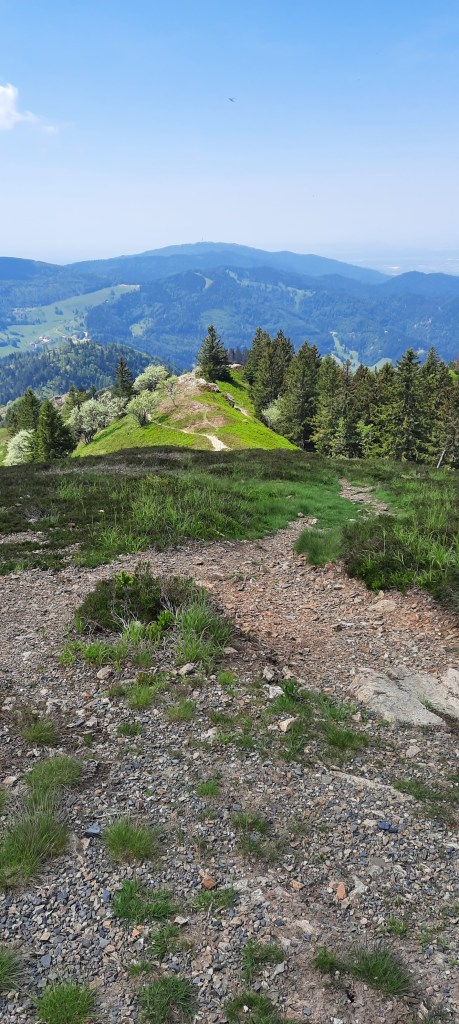 blauer Himmel und Berge. Ein Weg führt durch das Bild
