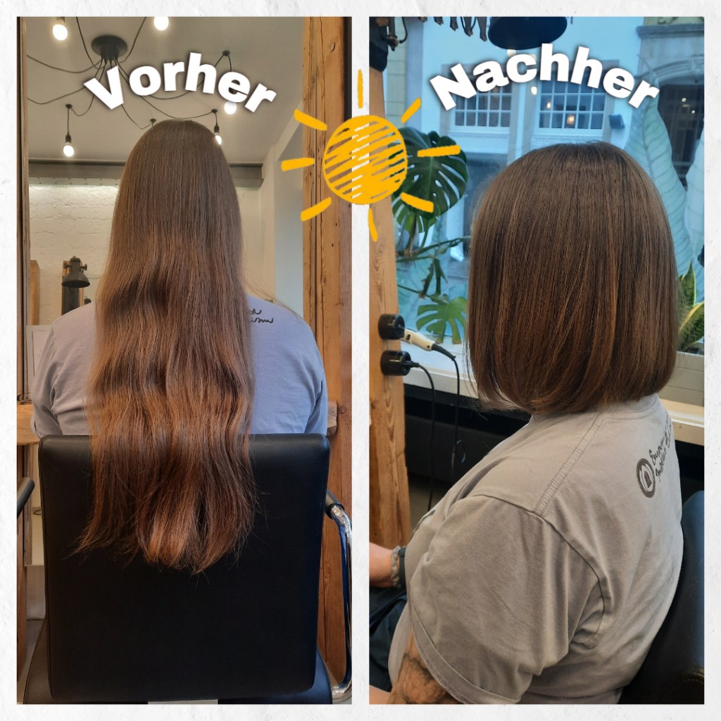 Collage 2 Bilder: Bild links. Frau mit sehr langen Haaren von hinten vor einem Spiegel; Bild rechts: gleiche Frau von hinten mit schulterlangem Haar