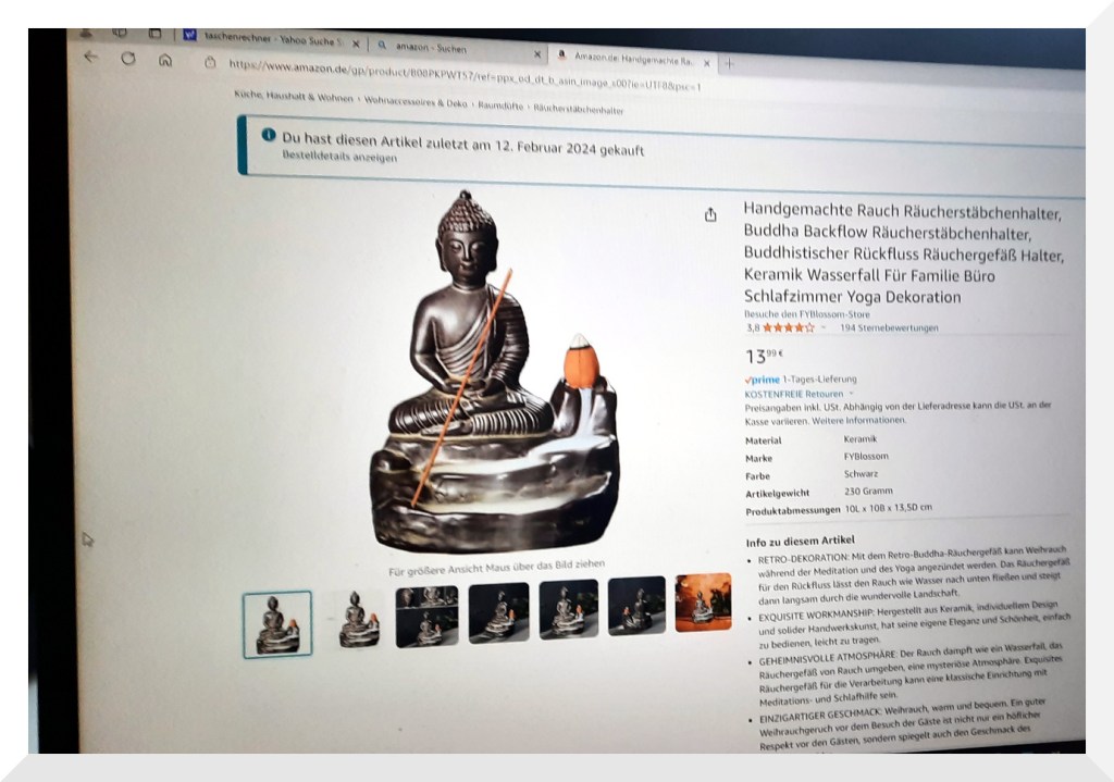 Eine Amazon- Bestellseite, die einen Räucherstäbchenhalter zeigt. Der Halter hat die Form eines sitzenden Buddhas