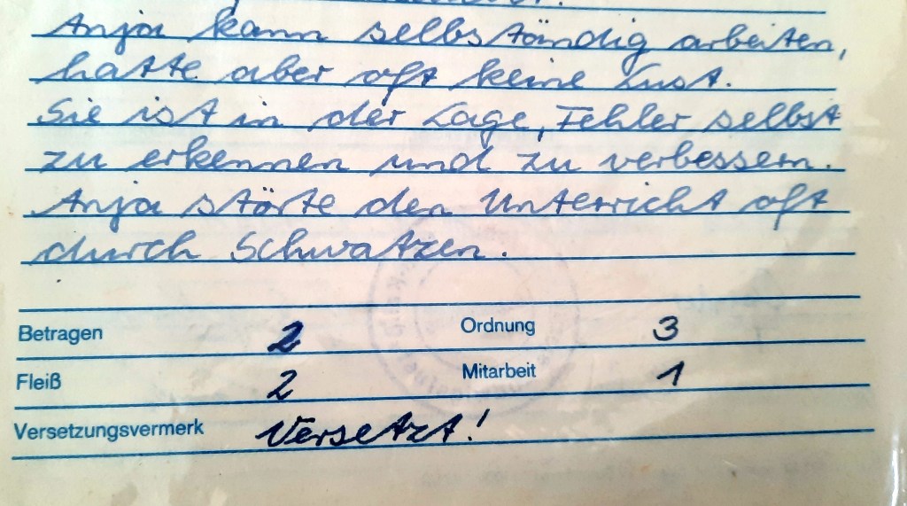 Auszug eines Zeugnis auf dem die Gesamteinschätzung der Lehrkraft zu lesen ist.
Ganz unten steht: Betragen:2; Ordnung:3; Fleiß:2; Mitarbeit:1
