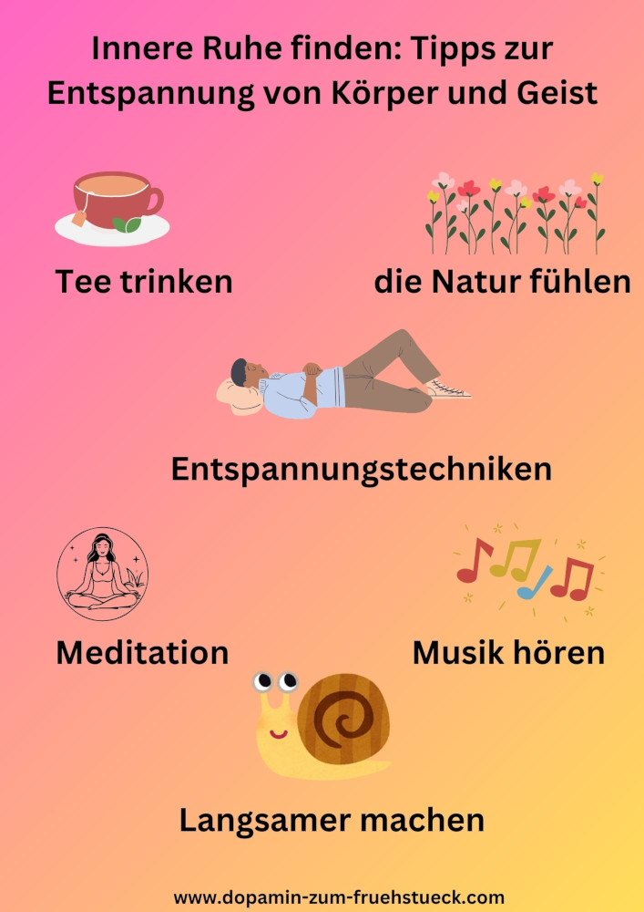 Eine Tafel, die visuell sechs Tipps für innere Ruhe zeigt.
