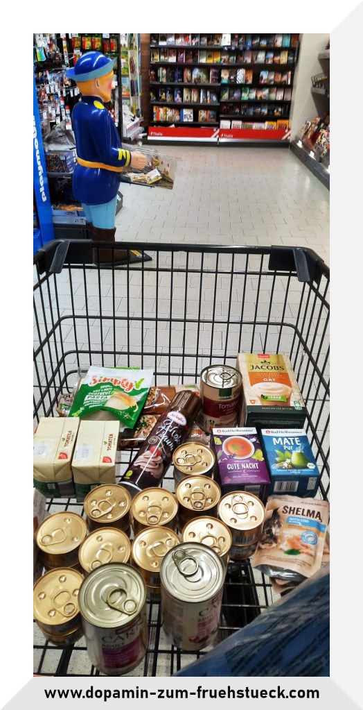Einkaufswagen gefüllt mit verschiedenen Lebensmitteln ( Käse, Cappuccino, Katzenfutter und Tee)