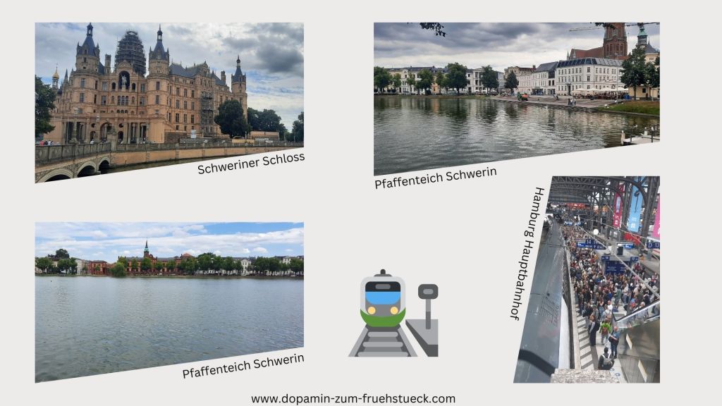 Coulage aus vier Bildern; oben links: ein Schloss; oben rechts: ein See; unten links: ein See bei blauem Himmel; unten rechts: viele Menschen auf einem Bahnhof
