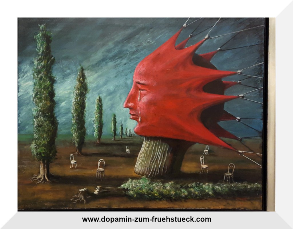 Sieben Tannen, die vor einem auf einem Baumstamm rotem, weinenden Gesicht gespannt stehen