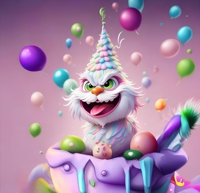 Ein mit KI erstelltes Bild, eines bunten Grinch, der aus einer bunten Tasse mit zuckerhaltiger Glasur springt. Im Hintergrund sind viele bunte Luftballons. Auf dem Kopf trägt der Zunge herausstreckende Grinch einen bunten Zuckerhut