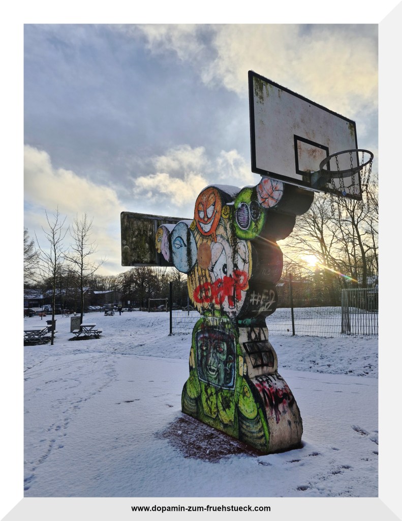 Ein mit Graffitis bemalter Basketballkorb in einer winterlichen Landschaft bei blauem Himmel