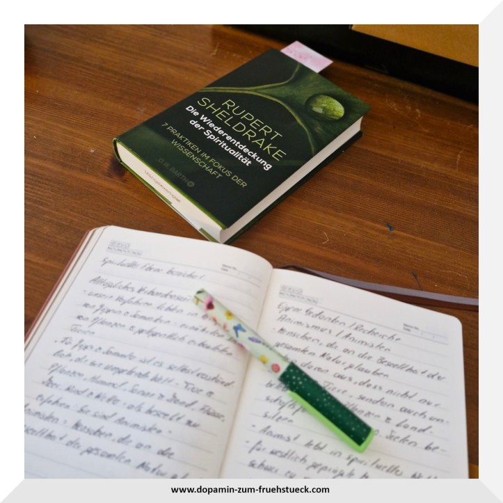 Ein zugeklapptes Buch liegt am oberen Rand des Fotos,. Darunter ein aufgeschlagenes Notizbuch- beide Seiten vollgeschrieben. Auf dem Notizbuch liegt ein Kugelschreiber