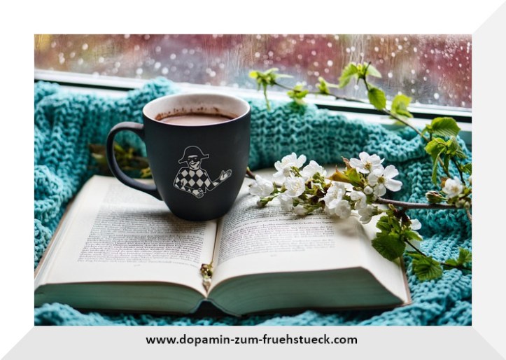 Ein Buch und eine Tasse auf einer Decke vor einem Fenster