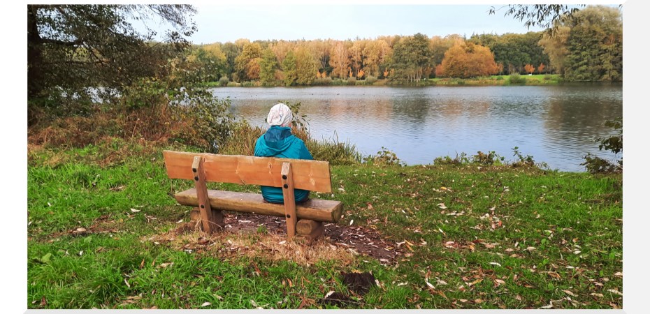 Ein Mensch mit Mütze auf einer Bank am See. Man sieht den Menschen nur von hinten