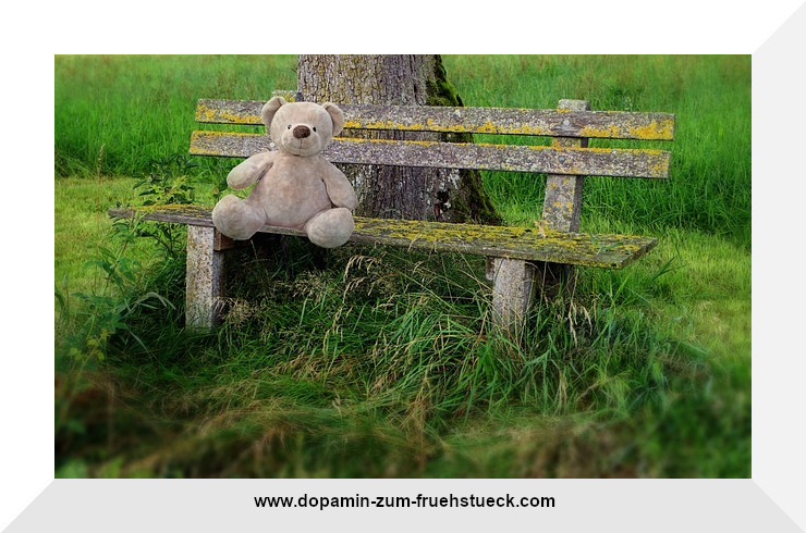 Ein Teddy der am Rand einer Bank sitzt. Der Platz neben ihm ist leer. Hinter der Bank steht ein Baum.